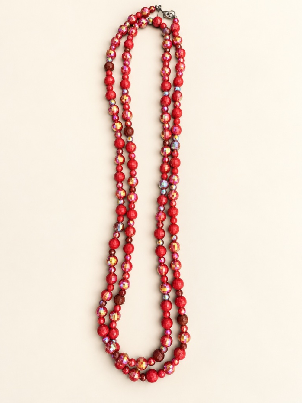 Red Iridescent Faceted Bead Layered Statement Necklace - NWOT